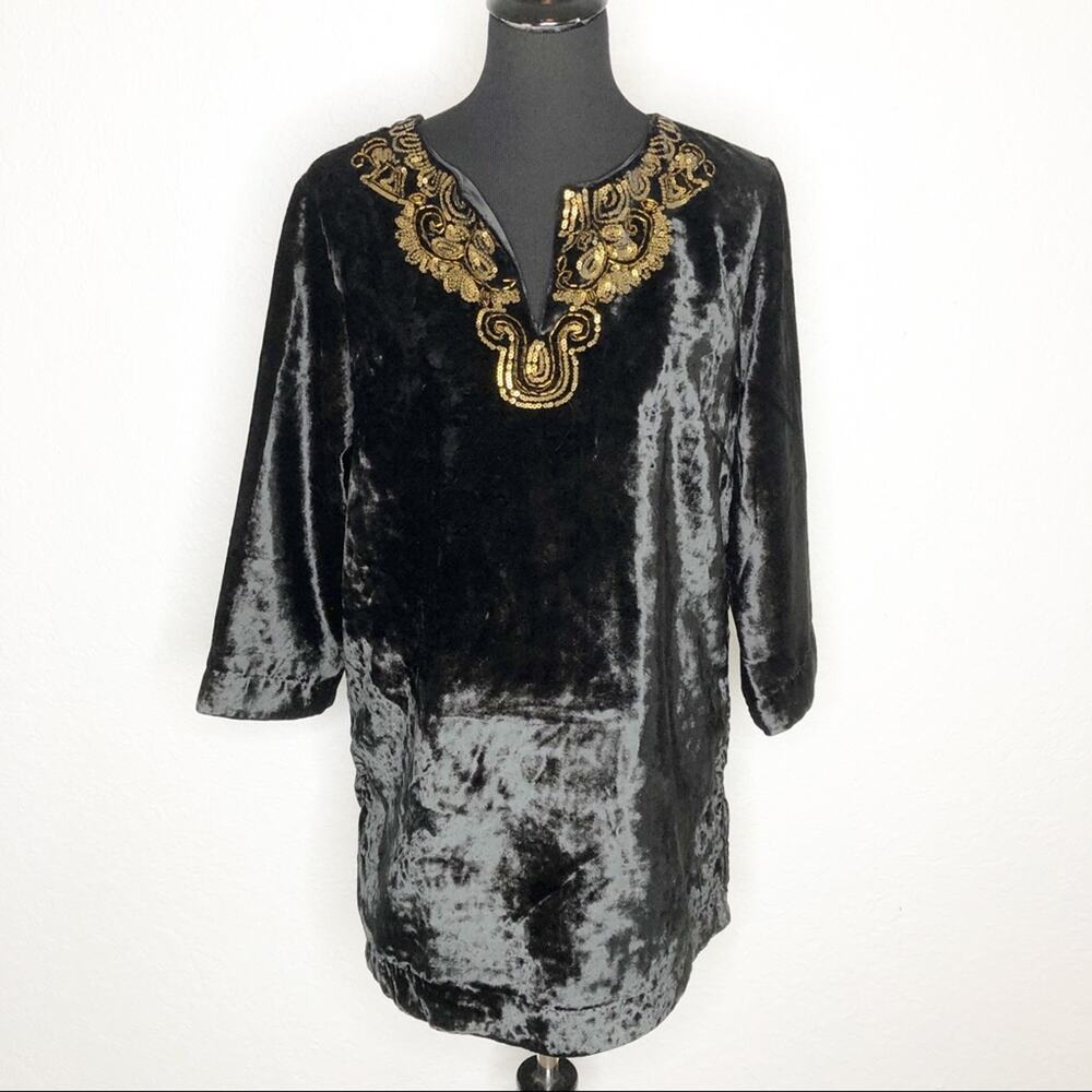 Soft Surroundings black velvet gold sequin bead trim top size Medium